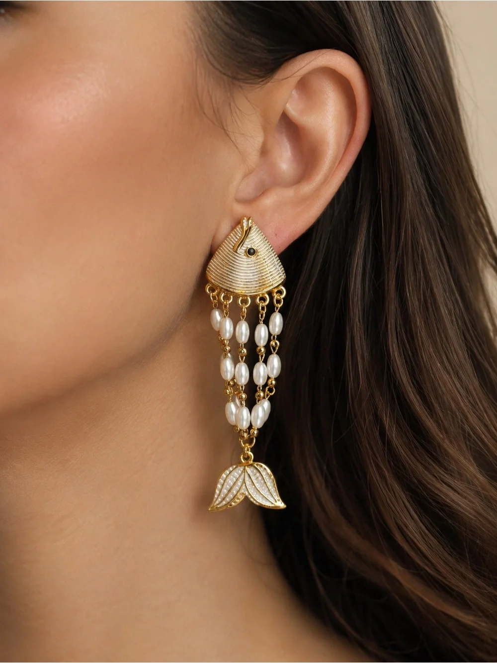 Fish and Pearl Tassel Statement Earrings | Ocean-Inspired Dangle Earrings